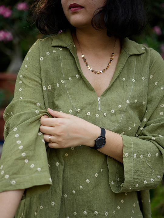 GREEN BANDHANI WAVES SHORT KURTA
