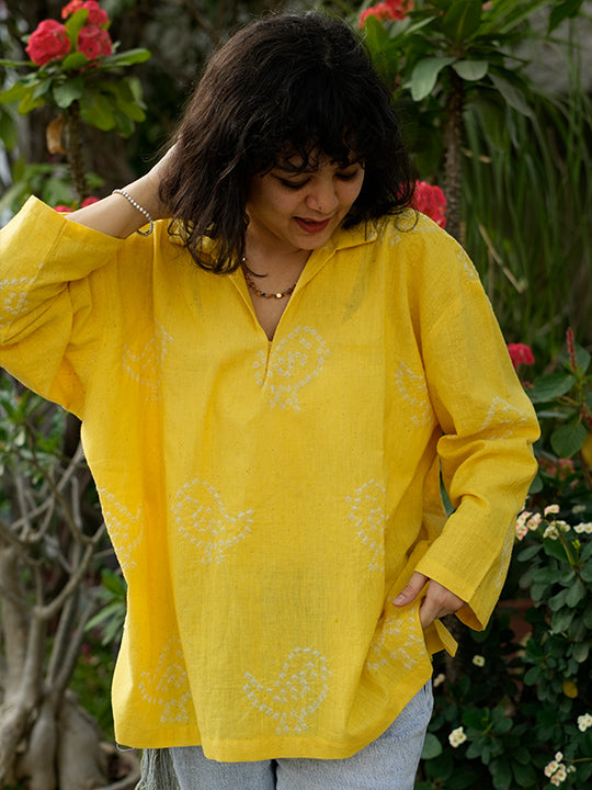 YELLOW BANDHANI BIRD MOTIF SHORT KURTA