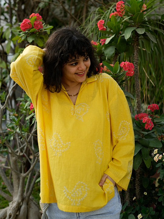 YELLOW BANDHANI BIRD MOTIF SHORT KURTA
