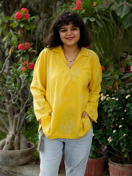 YELLOW BANDHANI BIRD MOTIF SHORT KURTA