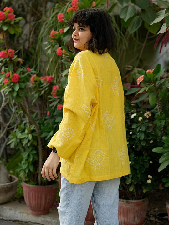YELLOW BANDHANI BIRD MOTIF SHORT KURTA