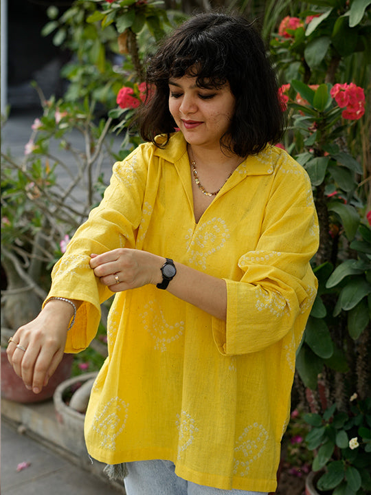 YELLOW BANDHANI BIRD MOTIF SHORT KURTA